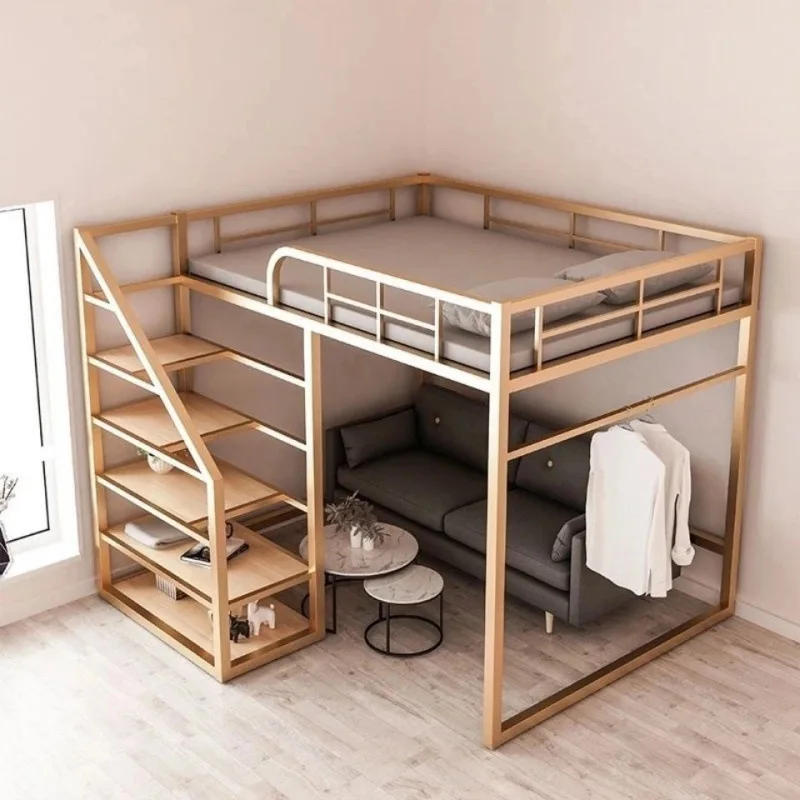 Small apartment duplex upper bunk iron bed second-floor loft double-layer multi-functional wrought iron bed