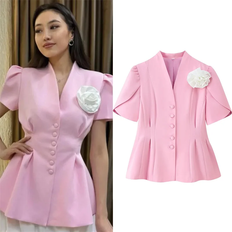 

Women's Jacket New Summer 2025 Pink Short-sleeved Waisted Blazer Handmade White Flower Decoration Casual Fashion Personality