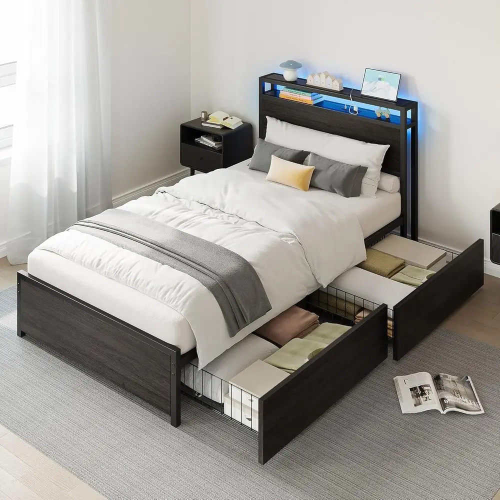 

DIY Twin XL Bed with Storage, 2-Tier Shelves, Charging Station, LED Light, Ideal for Teens, Small Apartments, and Bedrooms, Blac