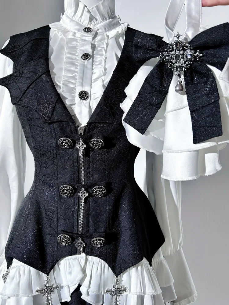 Roupa diária escuro goth lolita colete saia superior conjunto de correspondência primavera e outono 2025 japonês rojita 3 peça terno roupas femininas