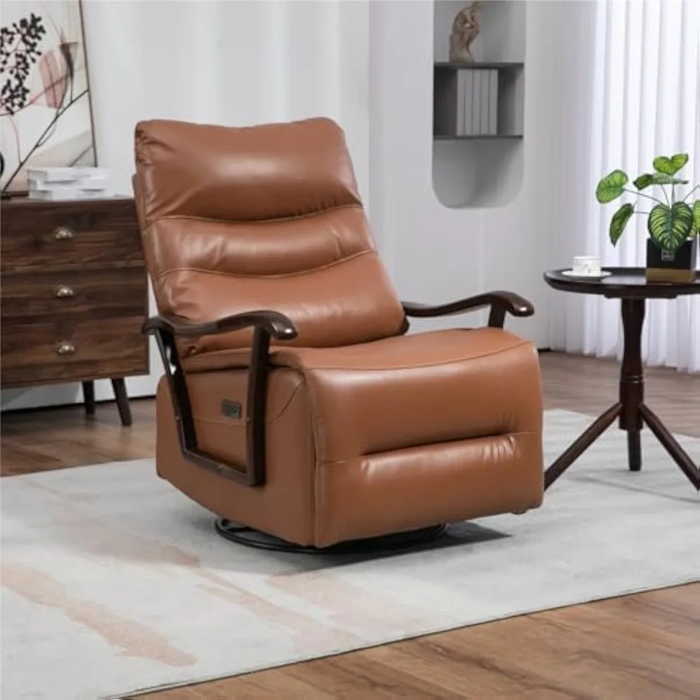 Wide Swivel Glider Rocker Recliner, Faux Leather Power Rocker Recliner with Metal Base and Solid Wooden Armrest, Lay Flat Chair