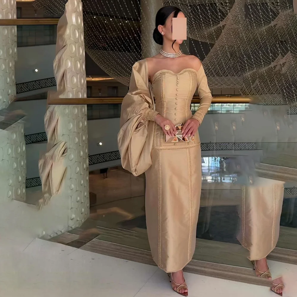 

Women's Evening Dresses Strapless Straight Satin Evening Gowns Off Shoulder Long Sleeves Pleated Formal Party Dress Customized