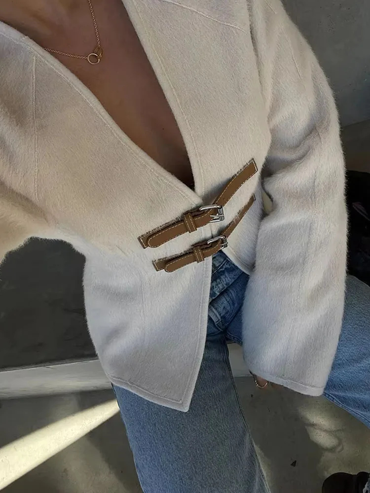 2024 Spring Woman\'s Fashion Casual Beige Cardigan Sweater Coat V-Neck Long Sleeves With Belt Knitted Crop Tops Streetwear