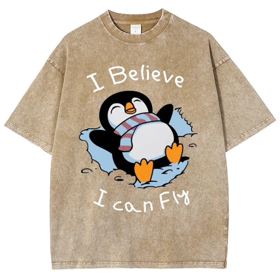 Bonito Padrão Pinguim Impresso T-shirt, Harajuku Lavado Tops de Manga Curta, Várias Cores, Algodão Marca De Luxo T-shirts, Streetwear