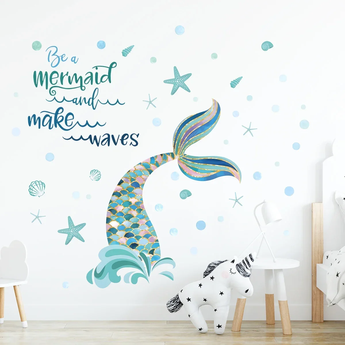 Cartoon Cute Mermaid and “be A Mermaid”Animal Wall Stickers Removable for Bedroom Living Room Nursery Decoration Wall Decals
