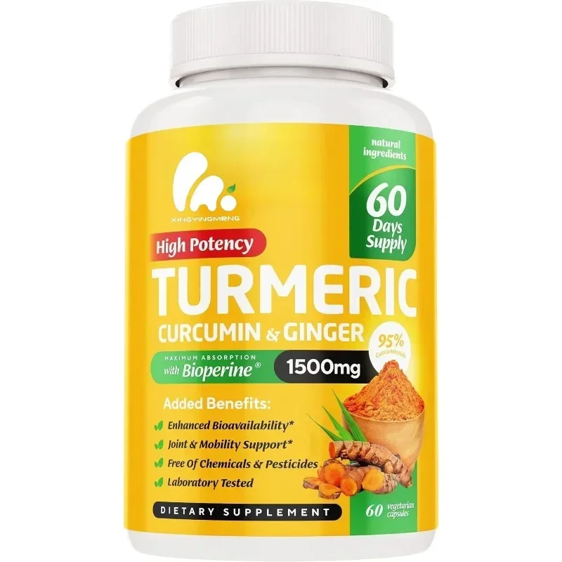 Cápsulas de suplemento de curcumina de 500 mg, 95% empaquetadas con extracto de raíz de jengibre y pimienta negra, suplemento de apoyo para las articulaciones