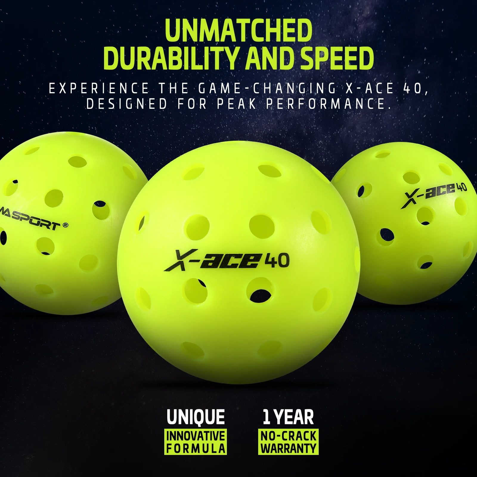 AMA Sport-X-ACE Pickleballs para exteriores, 40 agujeros, resistente a grietas, una pieza, 100%, POP-óptico, amarillo