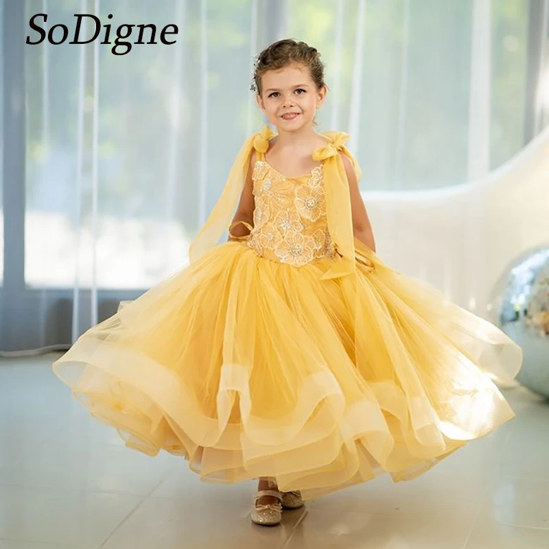 SoDigne A-line Tulle Sequined Flower Girl Dress Sleeveless Strapless Flowers Skirt Girls Party Dresses 2025 Kid Gown Customized