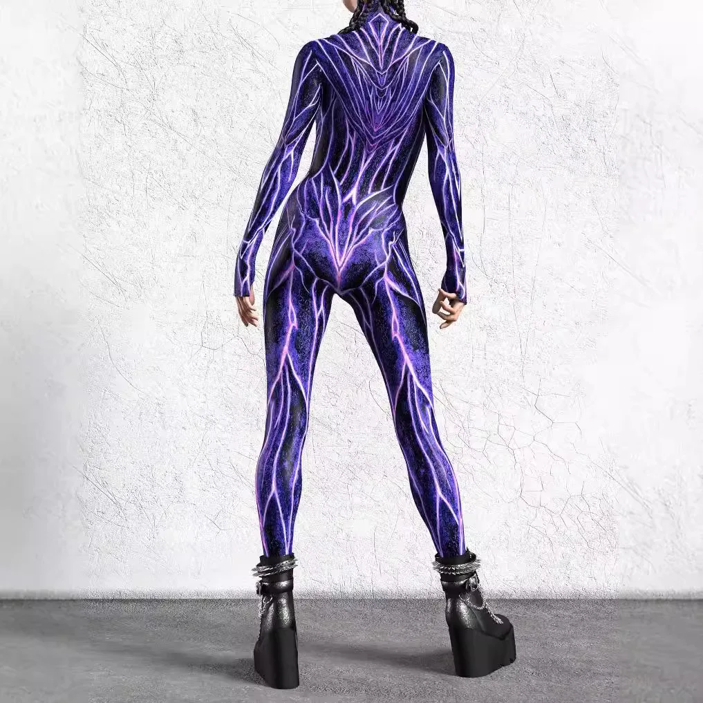 Irregular Cyber Art Stripe Jumpsuit Holiday Party Cosplay Costume Halloween Shows Women Allen Bodysuit Performance Zentai Romper