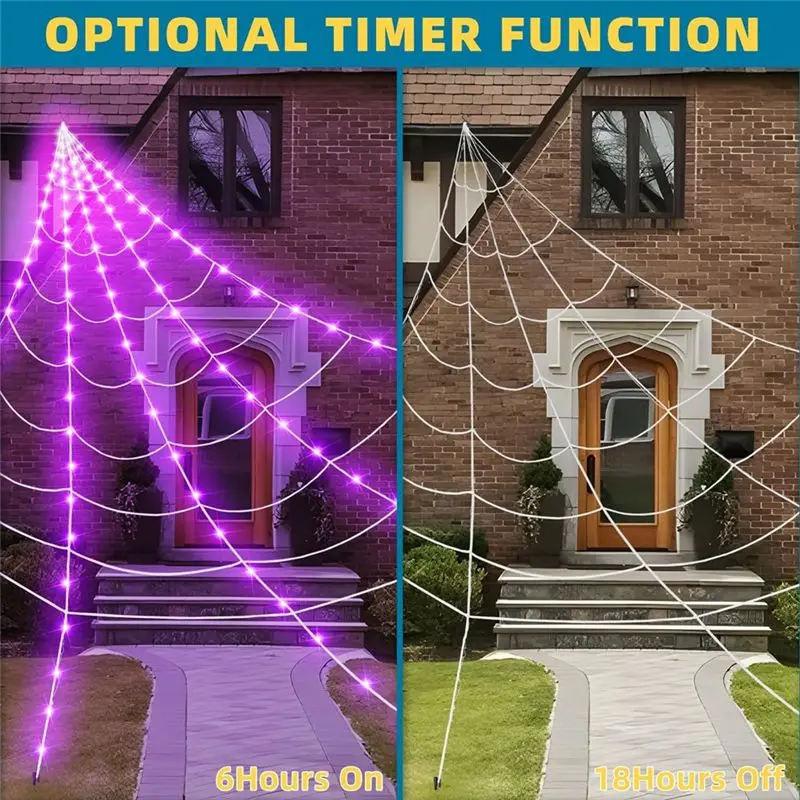 DT39 Purple Halloween 200in Spider Web Light Decorations with 250 LED Bulbs Remote Indoor Outdoor for Yards Lawn Garden