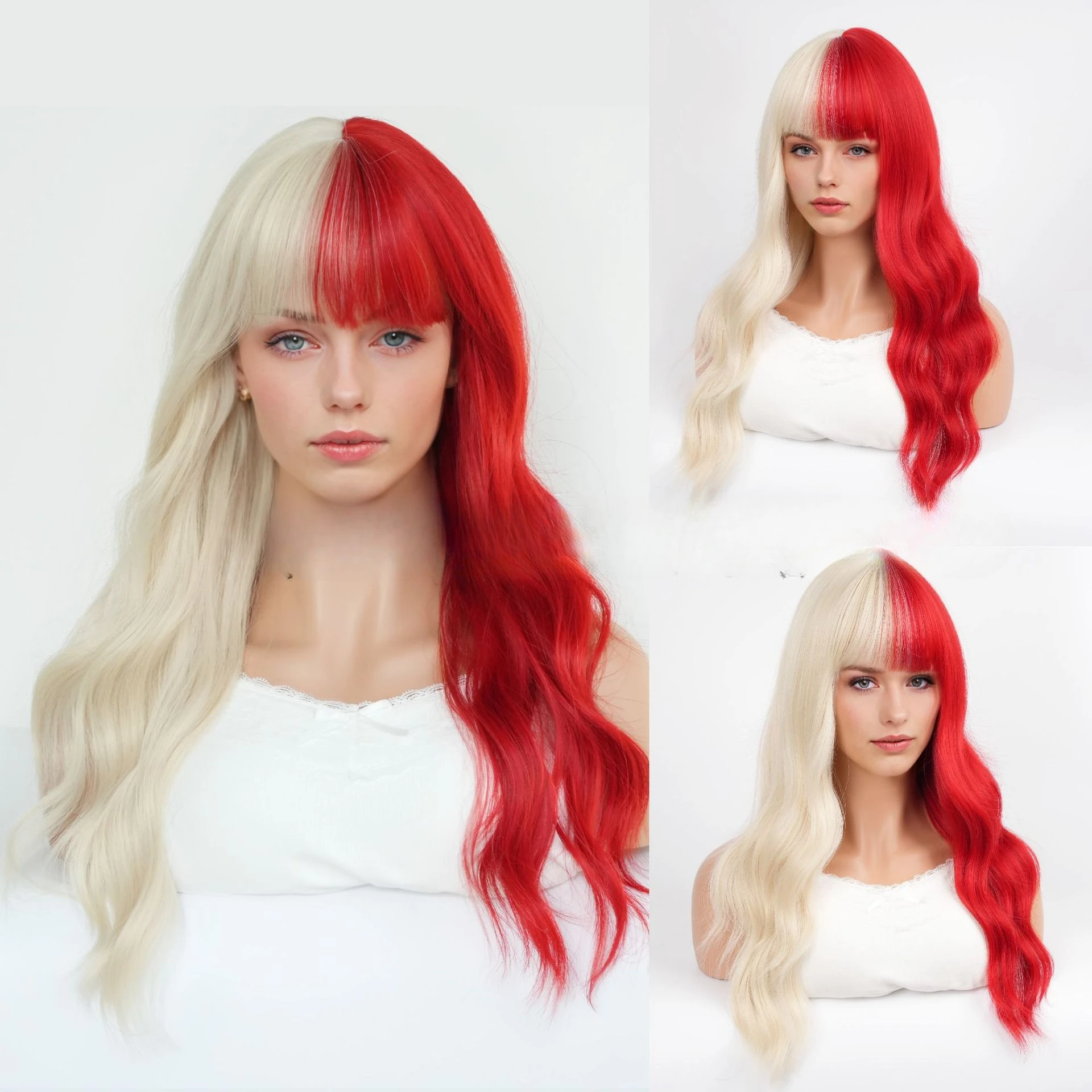 

Wig girl halloween bangs yin and yang red and white two-color animation cos long curly hair full headgear