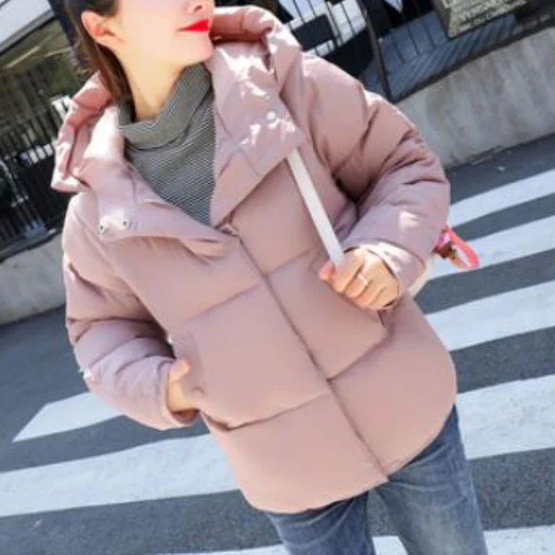 2021 Winter Jackets Short Female Cotton Padded Bread Jacket Coat Women Thick Outerwear Solid Hooded Coats Stand Collar Overcoat