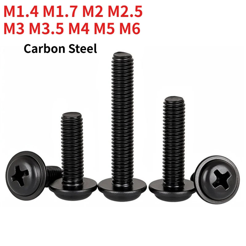 M1.4 M1.7 M2 M2.5 M3 M3.5M4M5M6 Black Phillips Pan Head Screw with Integral Washer DIN 967 Cross-Round Head Collar Machine Screw