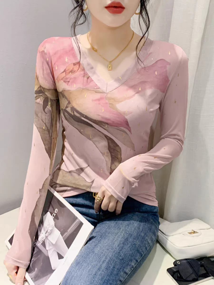 2024 Spring Summer Women's Fashion Long Sleeved V-neck Mesh T-shirt Women's Stamped Positioning Printing Flower Tops