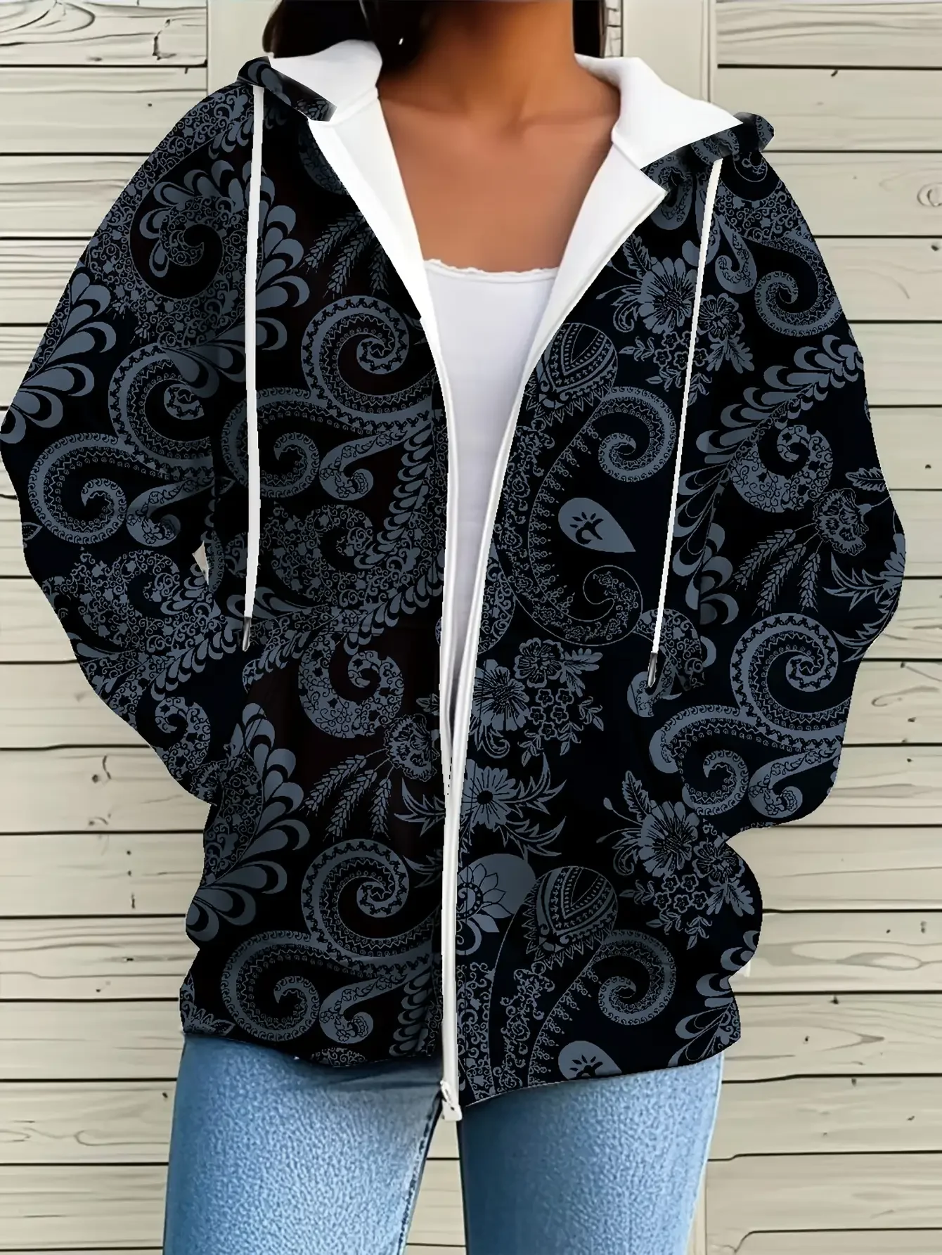 

2026 Autumn/Winter New Internet Celebrity Versatile Coat Fashion Girls' Hoodie Women's Black abstract floral geometric pattern