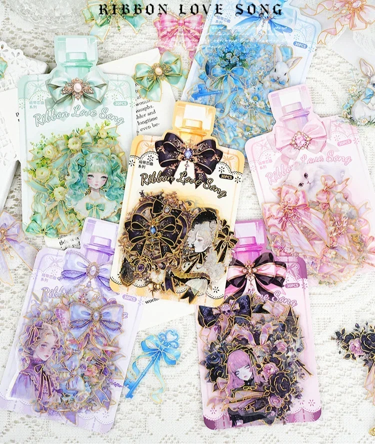 30Pcs/bag Ribbon Love Bouquet Bow Clear PET Bronzing Sticker Bag Scrapbooking Journaling Decoration Material Collage