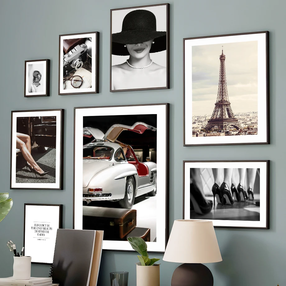 Modern Paris Tower Poster Luxury Car Fashion Girl High Heels Coffee Wall Art Canvas Print Painting for Living Room Bedroom Decor