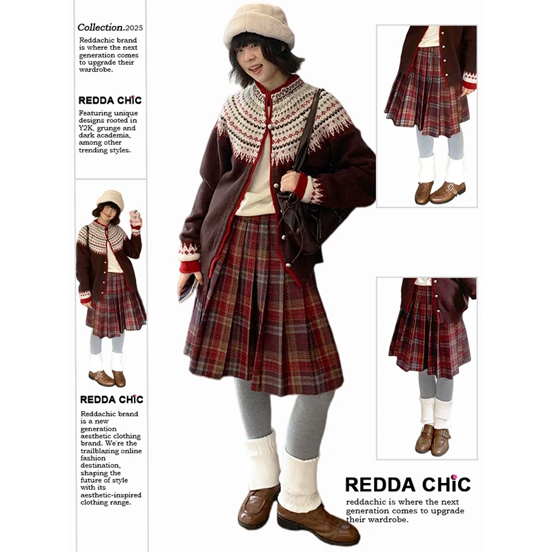 ReddaChic Trendy Retro Plaid Skirt Color Block High Rise Tweed A-line Pleated Knee Long Skirt Korean Casual Fall Women Clothes