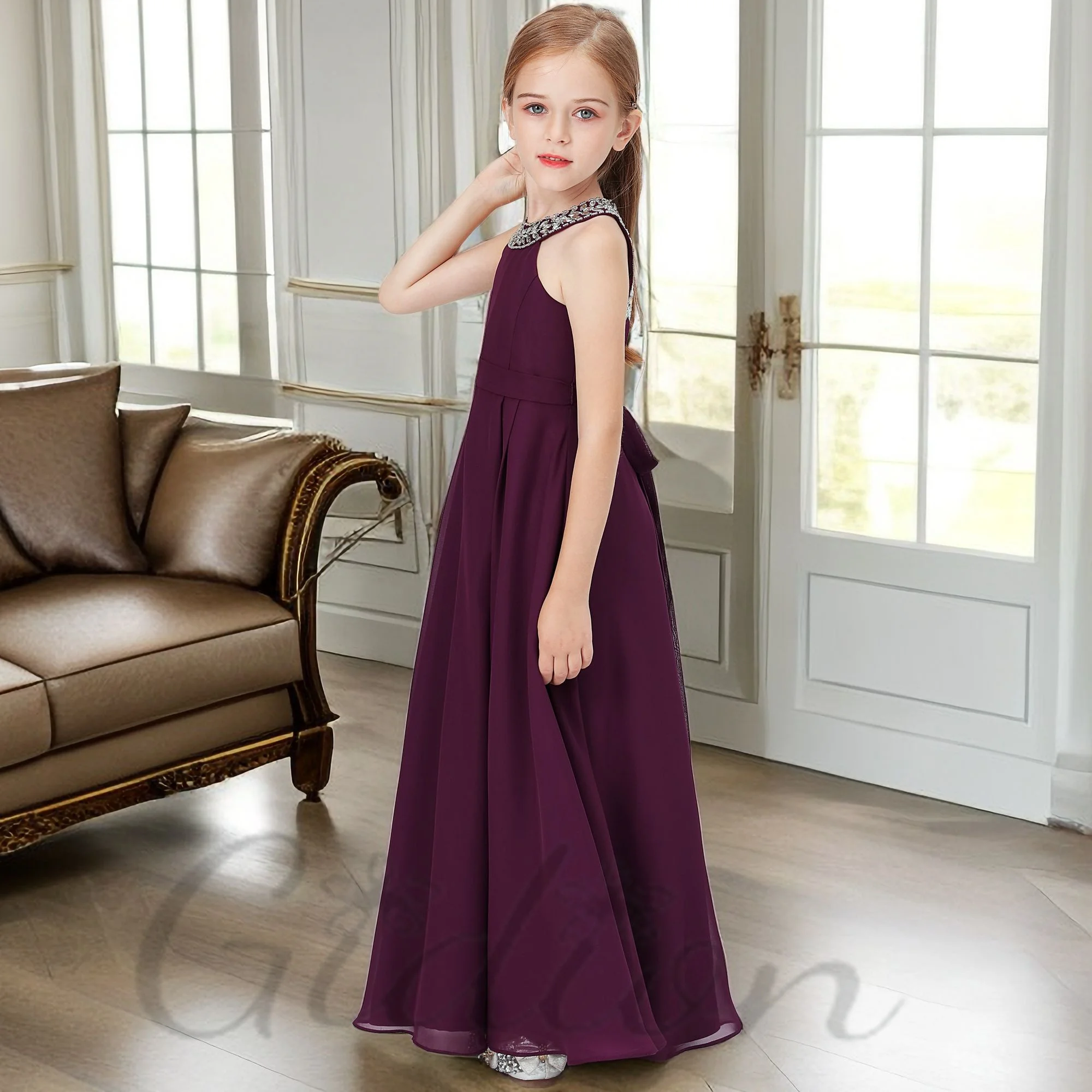 Robe de Demoiselle d'Honneur en Mousseline de Soie, Longueur au Sol, Ligne A, pour Enfant, Soirée, Anniversaire, Cérémonie, Bal, Concours, Bal