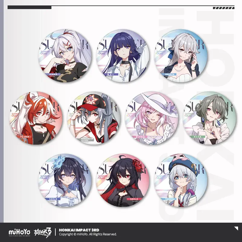 [Genuine] miHoYo Game Honkai Impact 3 Leisure Summer Series Tinplate Badge Kiana Elysia Raiden Mei Seele Anime Brooch Xmas Gifts
