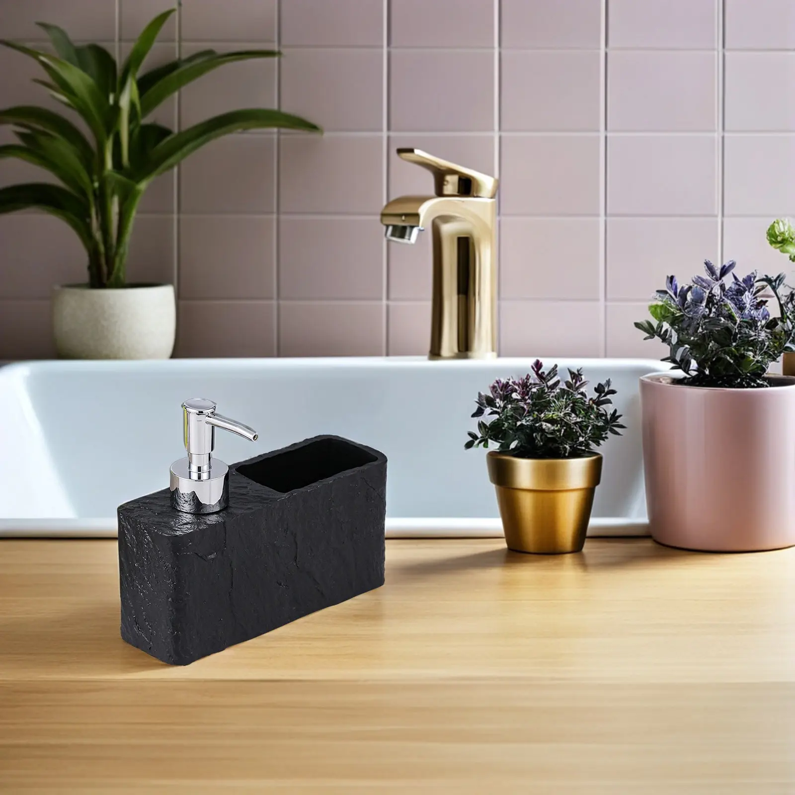 Black Textured Kitchen Soap Dispenser with Sponge Holder – Refillable Liquid Dish Soap Pump Bottle for Countertop Sink
