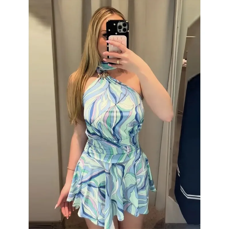 

Swirl Print Halter Neck Mini Dress Sleeveless Spaghetti Strap Slim Fit Short Dresses Summer Casual Fashion Beach Sundress