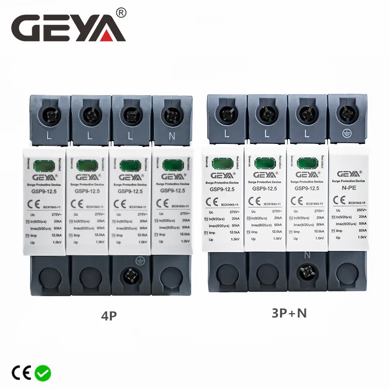 GEYA GSP9 12.5KA T1+T2 SPD 4P 3P+NPE Surge Protector 275VAC Limp:7/12.5KA House Lightning Surge Arrester Device