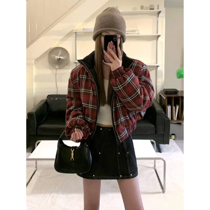 2024 New Winter Short Style Solid Color Versatile Double Sided Parkas for Women Black Red Grid Cotton Jacket Female Clothing