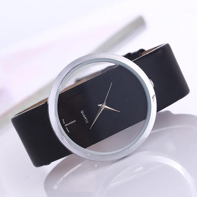 Montre à quartz avec bracelet en cuir transparent pour femme, montre-bracelet creuse pour femme, horloge célèbre, nouvelle mode