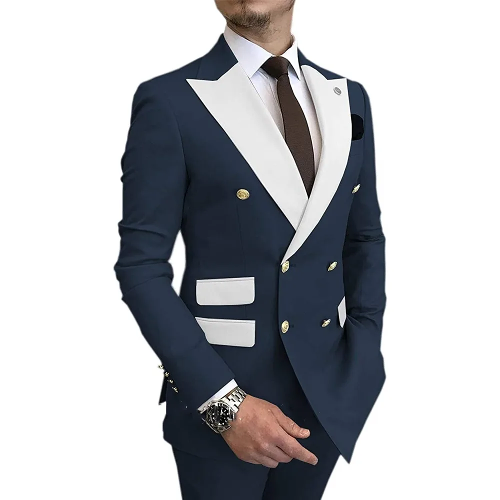 Desain Terbaru Setelan Pria Slim Fit 2 Piece Double Breasted Peak Lapel Tuksedo Bisnis untuk Blazer Pernikahan + Celana Kostum Homme