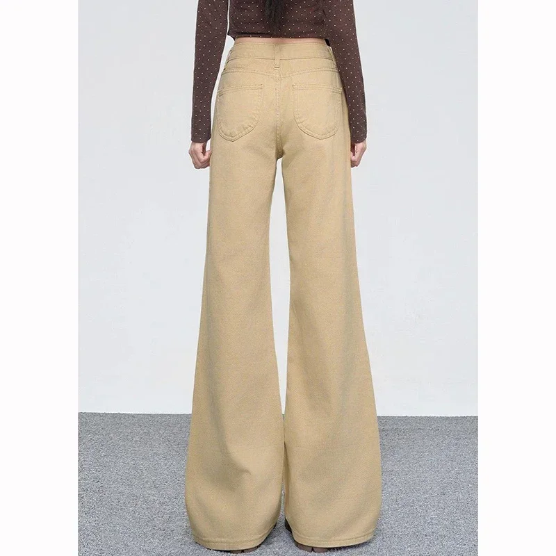 Pantalones vaqueros clásicos de cintura alta para mujer, color caqui, moda Retro, pantalones vaqueros para niñas, pantalones de pierna recta finos informales coreanos