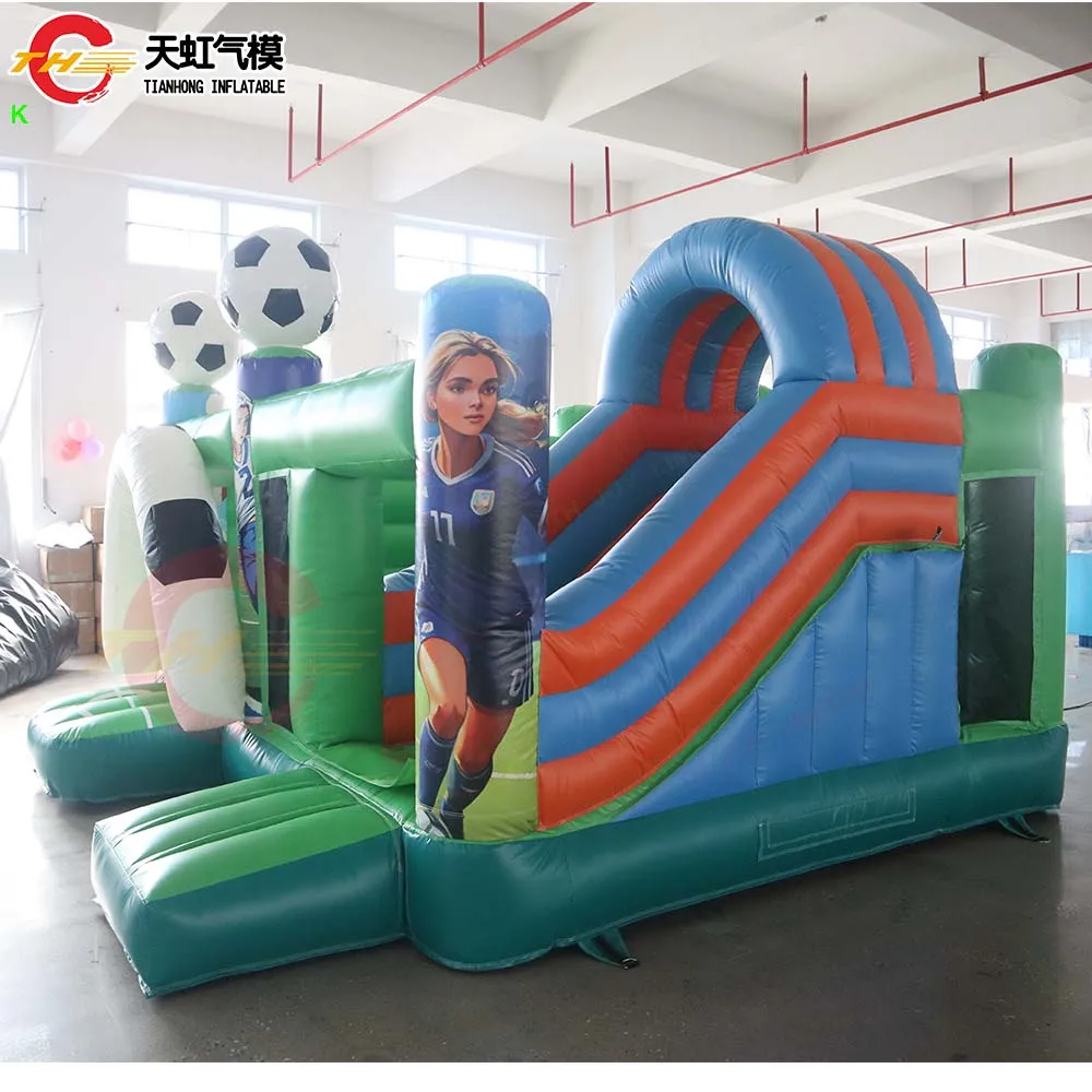 Buttafuori gonfiabili a tema calcio per bambini Divertimento all'aria aperta con ventilatore Casa da salto gonfiabile commerciale con castello gonfiabile