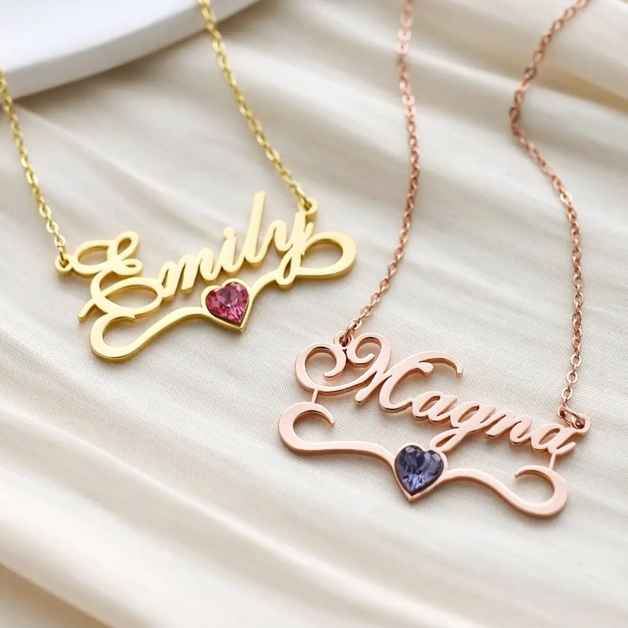 

Name Necklace With Heart Birthstone Custom Gold Plate Letter Pendant Personalized Stainless Steel Nameplate Jewerly Gift for Her