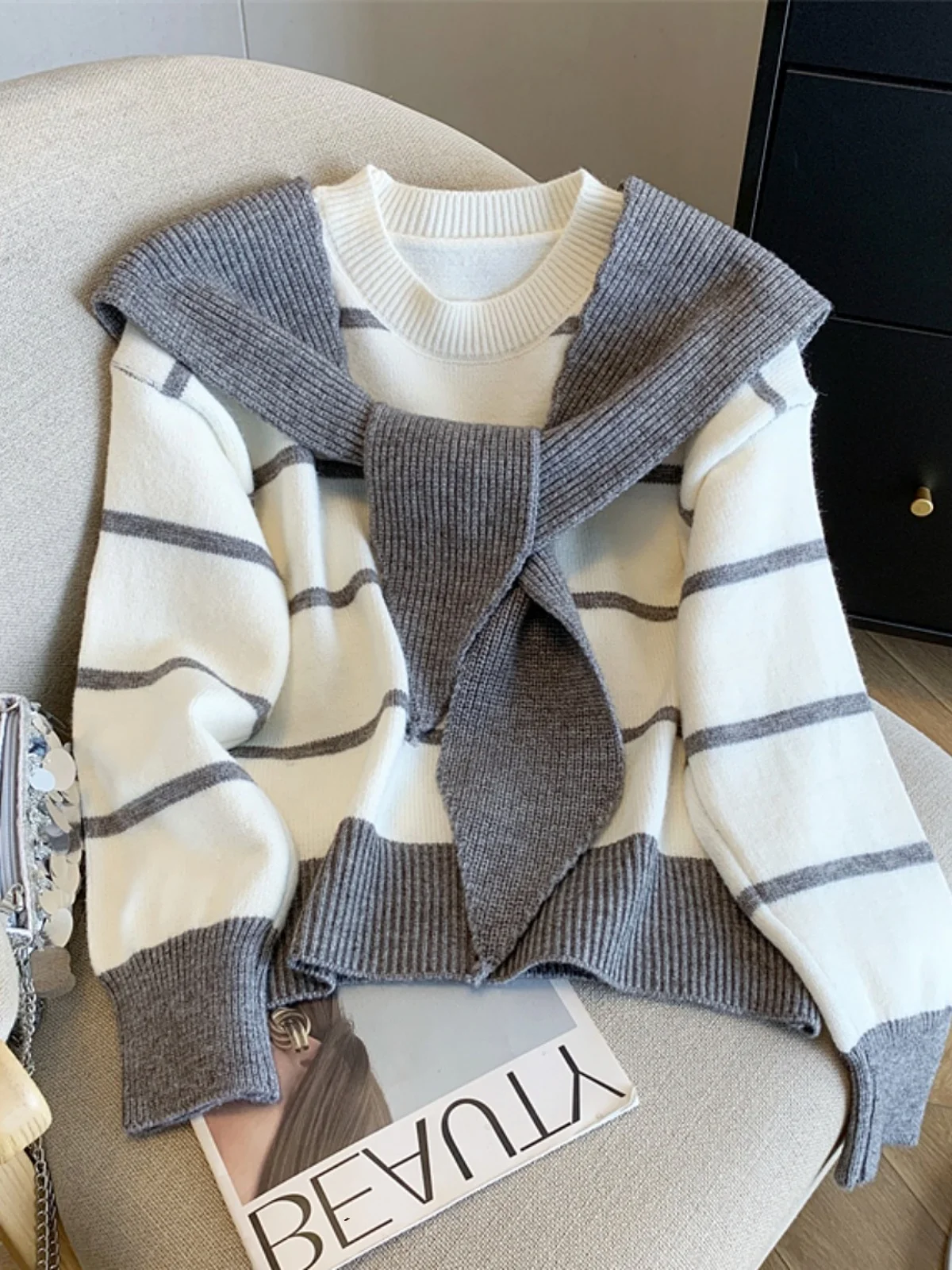

Women's Stripe Knit Sweater Set College Style Shoulder Shawl Long Sleeve round Neck Warmth Autumn Winter Fashion Sweet Loose Fit