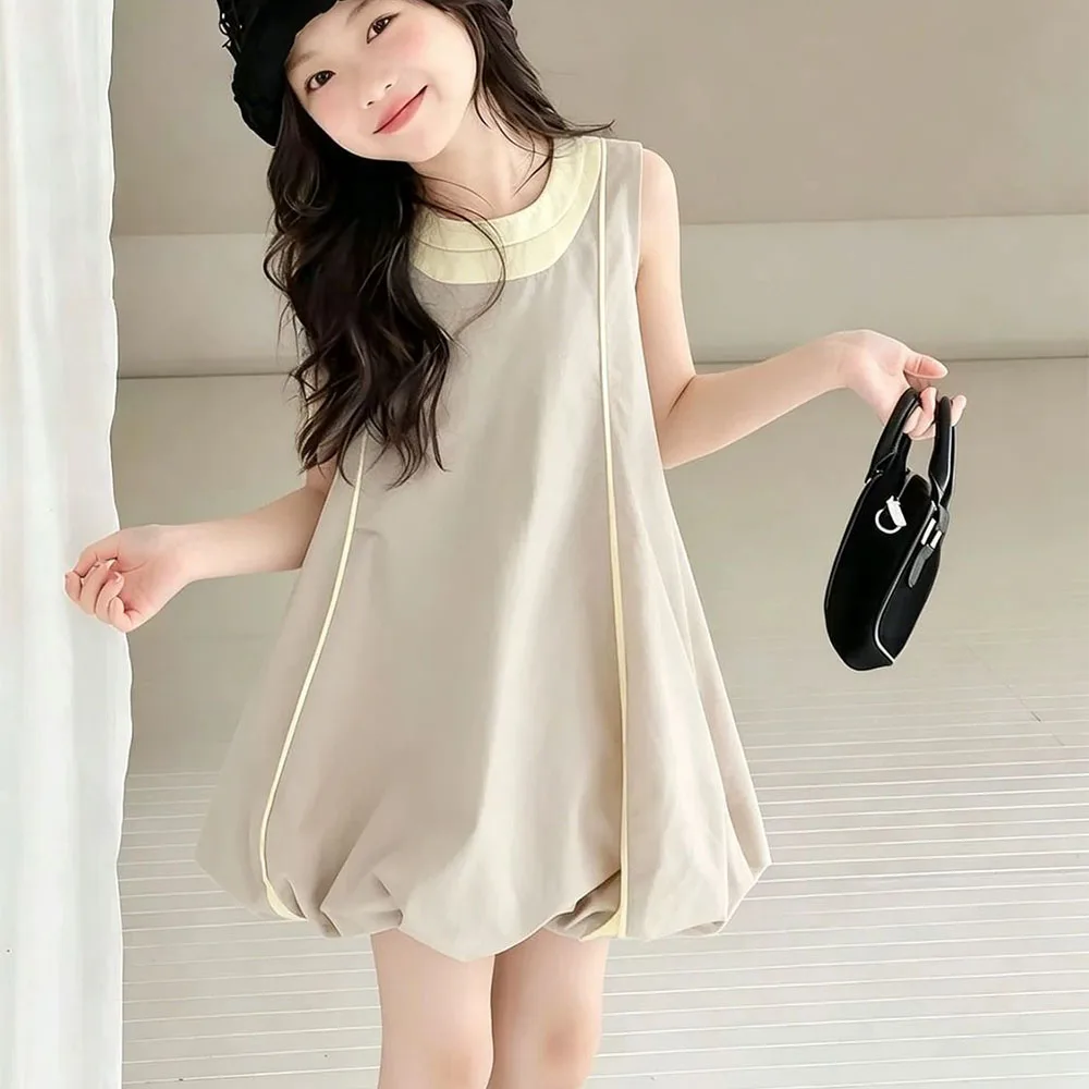 Ärmelloses A-Linien-Kleid für Kinder, Mädchen, kontrastfarbener Rand, Blasensaum, Sommerkleid, atmungsaktiv, modisch, lässig, Sommer-Outfit für Kleinkinder