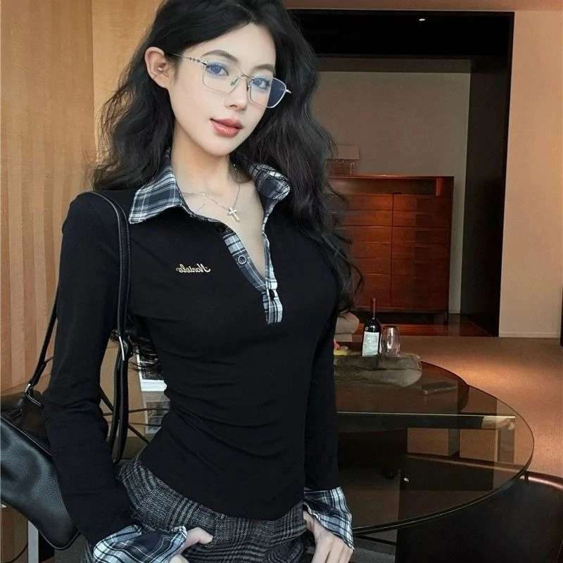 2026 Autumn Women's Design Polo Collar Long Sleeve T-Shirt Checkered Fabric Layered Fitted Base Layer​