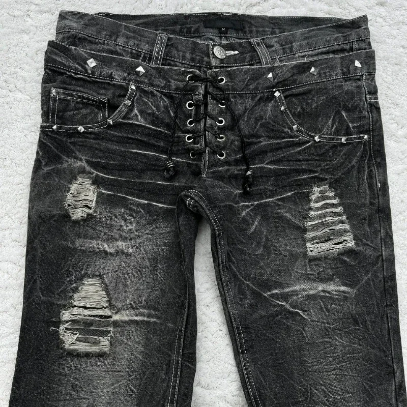 Fashionable High Street Double Waisted Lace Up Micro Flared Women Jeans Y2K Retro Harajuku Washed Design for Men and Women Jeans