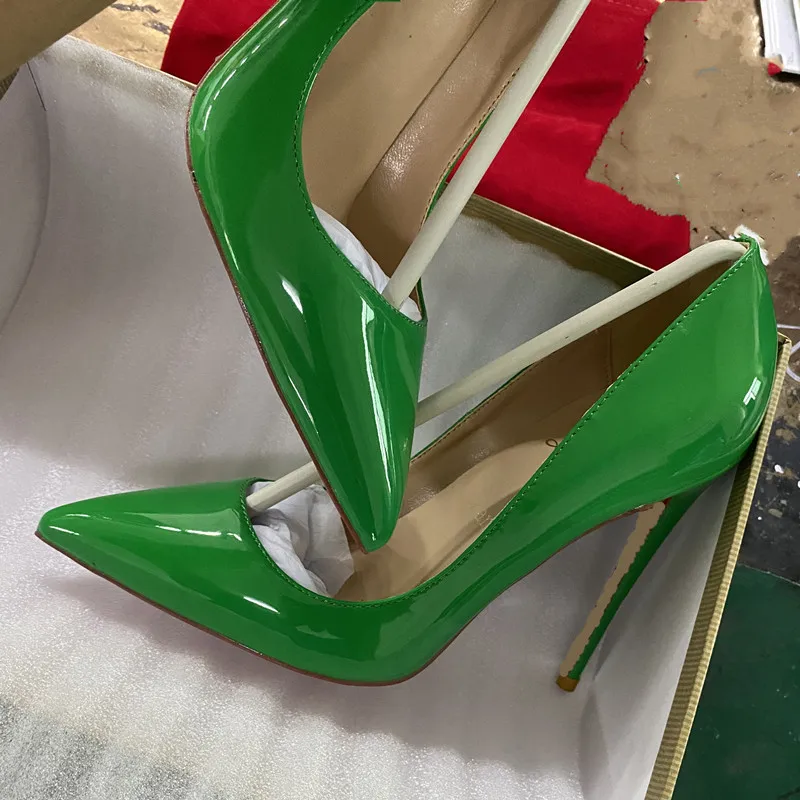 Sepatu hak tinggi wanita kulit paten terang hijau Solid baru seksi musim semi wanita muda ujung runcing sepatu pump stiletto ukuran besar 33-46