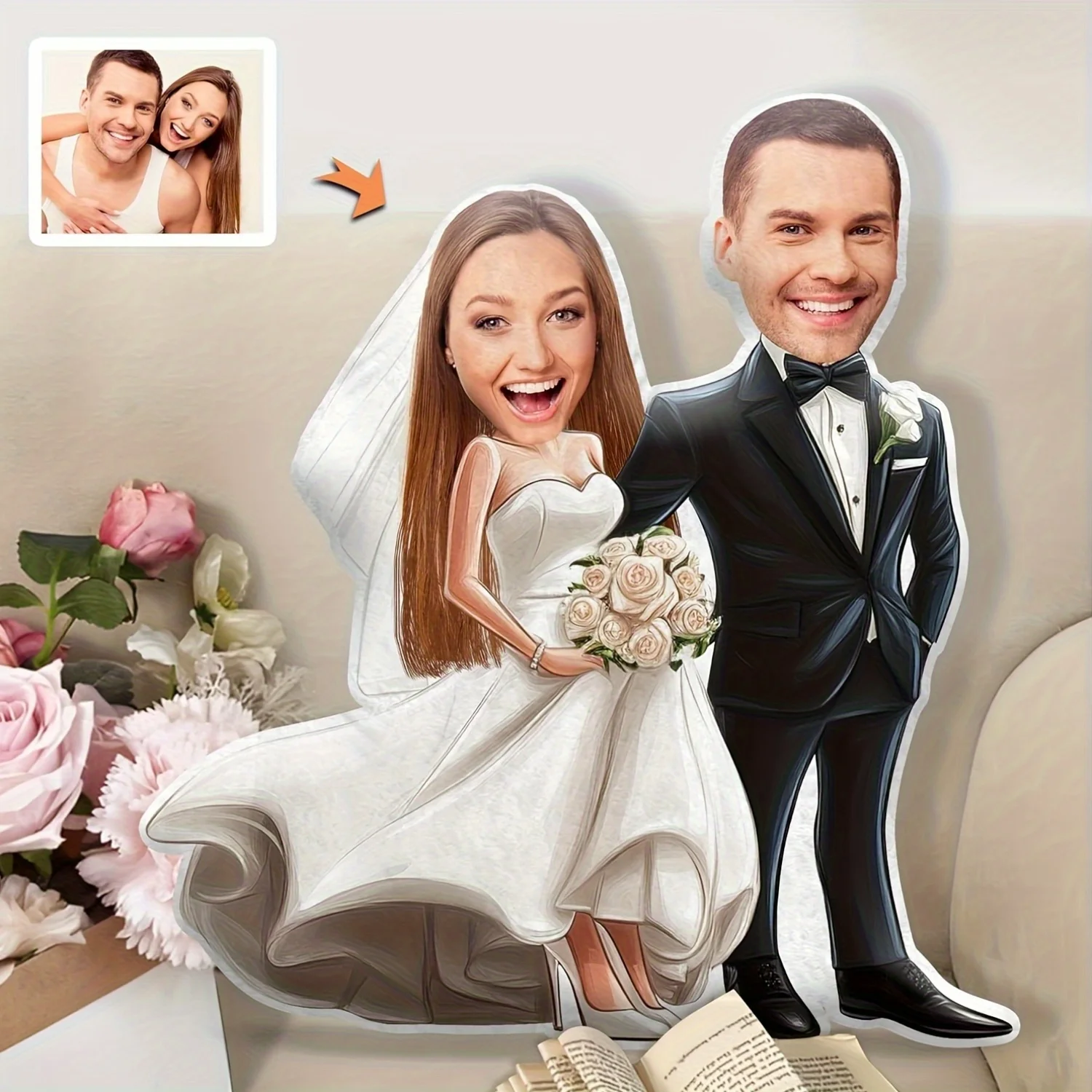 

Couple style wedding dress shape pillow, wedding decoration pillow, double-sided design picture customization