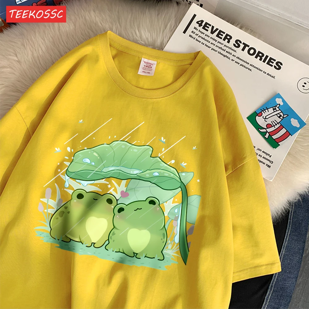 بالإضافة إلى القمصان النسائية القطنية اثنين من الضفادع المأوى من المطر الطباعة قصيرة الأكمام لينة فضفاضة س الرقبة الشارع الملابس النسائية #2