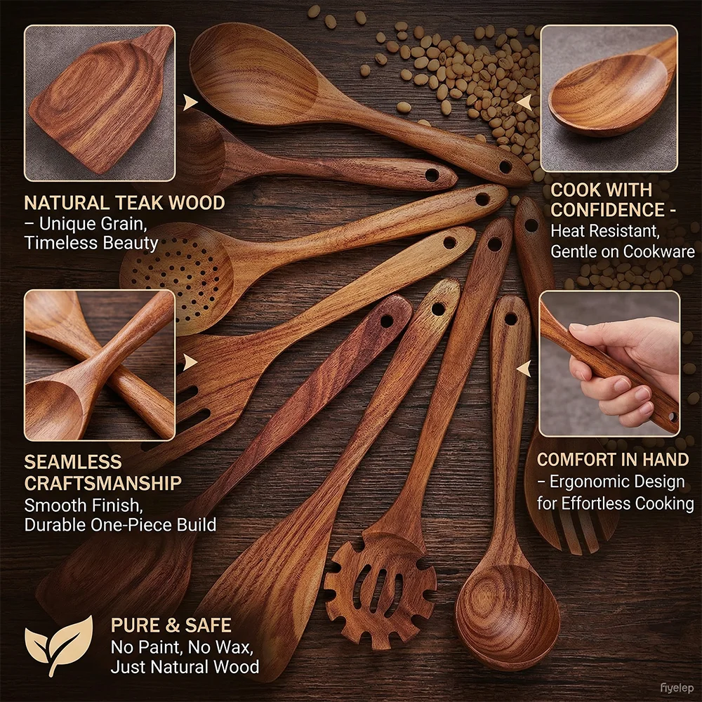 Imagen 4: Juego de 10 Utensilios de Cocina de Madera de Teca, Cucharas de Madera para Cocinar