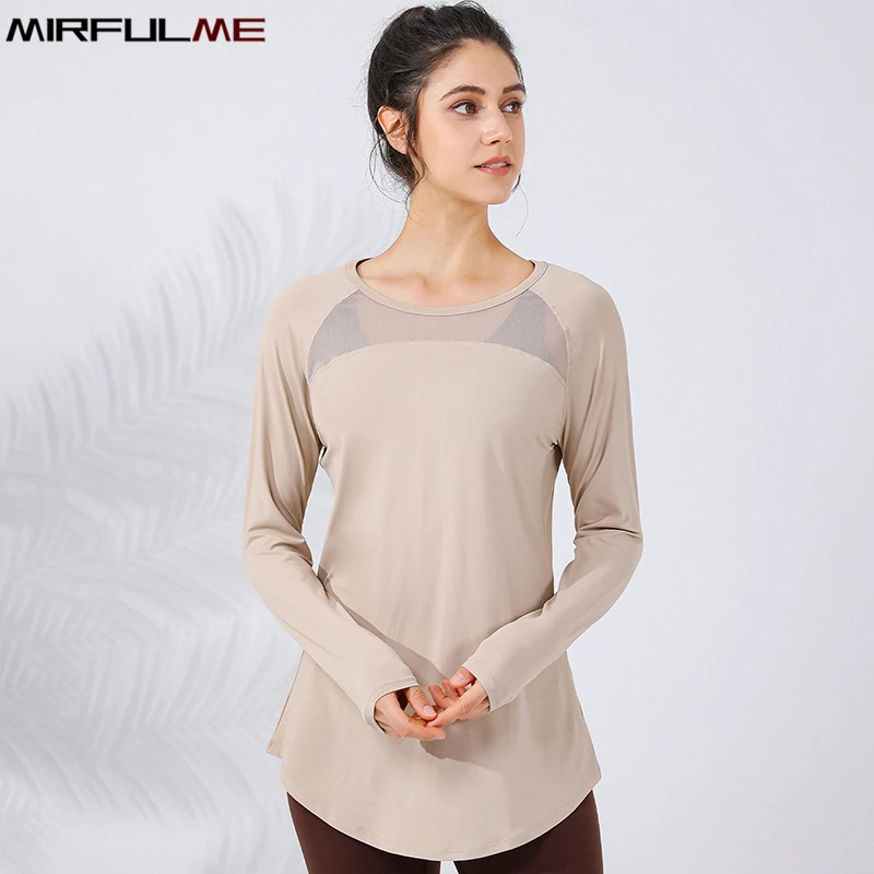 Women Loose Yoga Shirts Long Sleeves T-Shirts Mesh Breathable Sport Running Sweatshirts Covering Buttock Gym Fitness Tops Blouse