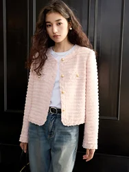 ZIQIAO Women Tweed Jackets Office Lady Pink Short Casual Coats Round Neck Front Shoulder Female Spring Tweed Coats 25ZQ91153