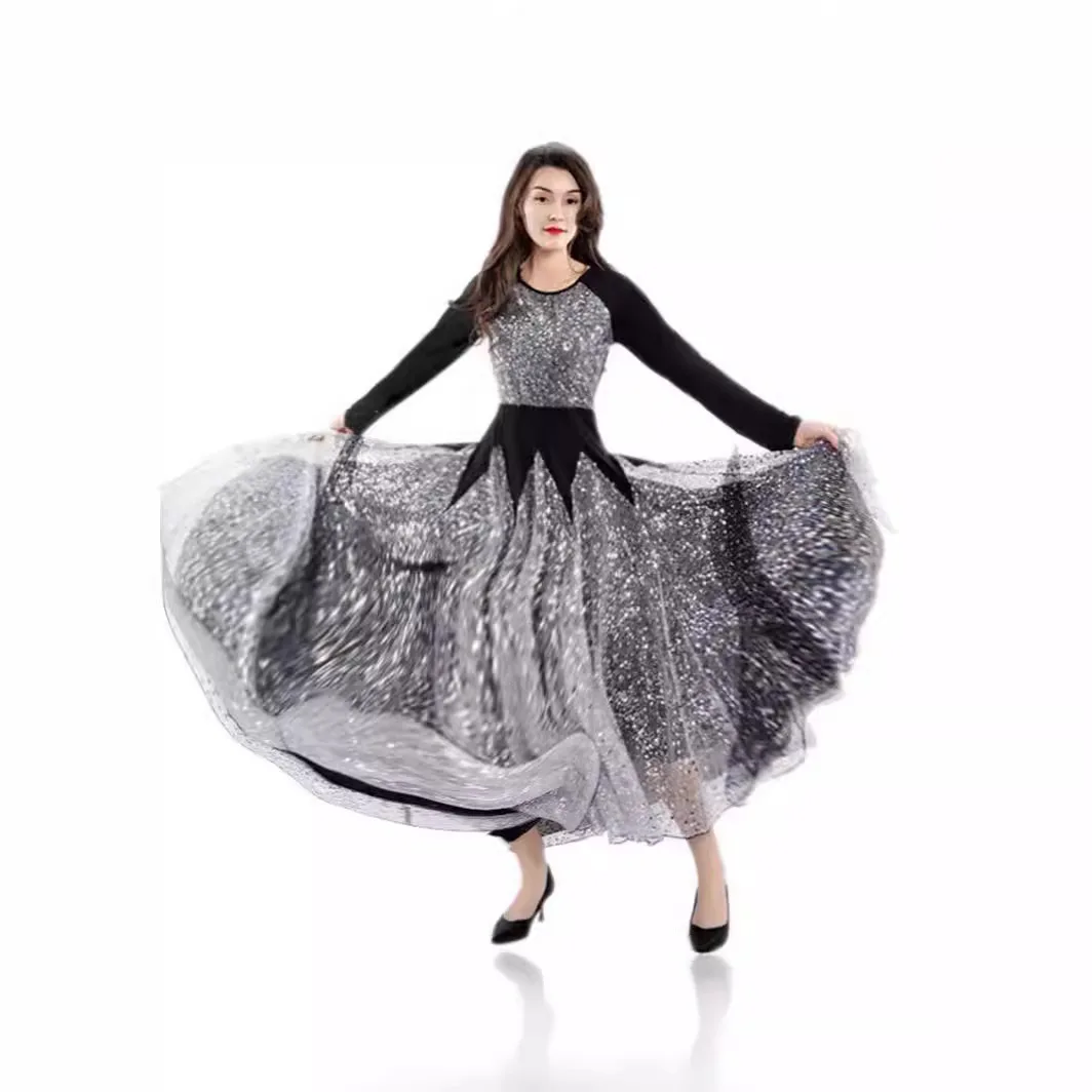 Modern Dance Gray Skirt Ballroom Dance Skirt Mesh Long Skirt Dance Performance Dress Large Swing Sequin Skirt