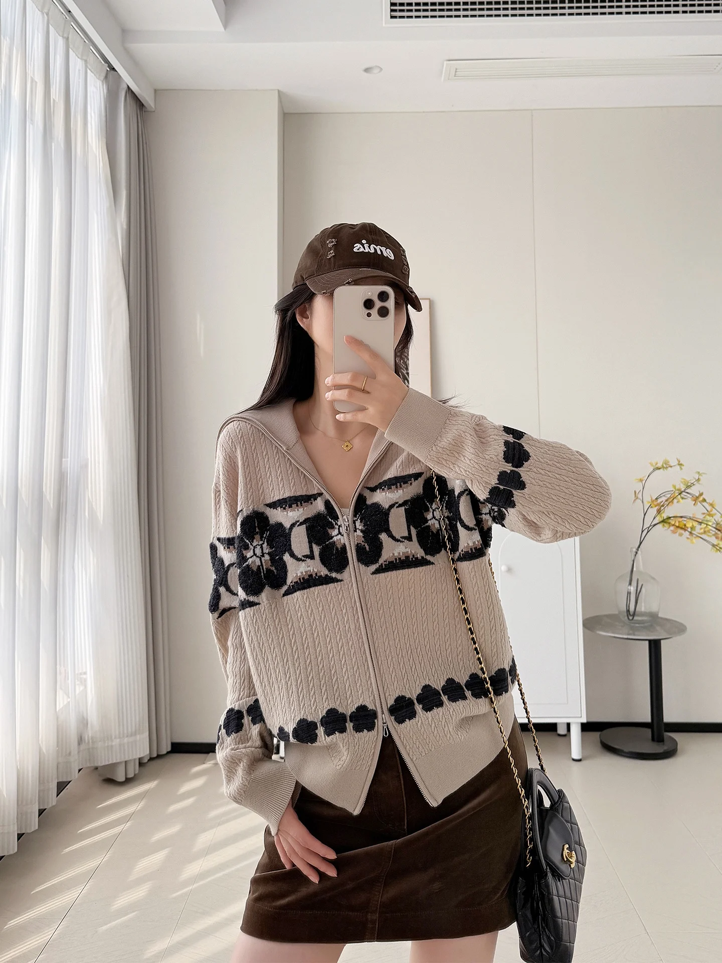 

Original C High-End Color Navy Collar Woolen Knitted Open Cardigan Women's round Ne Long Sve Overhead Sweater Casual S...