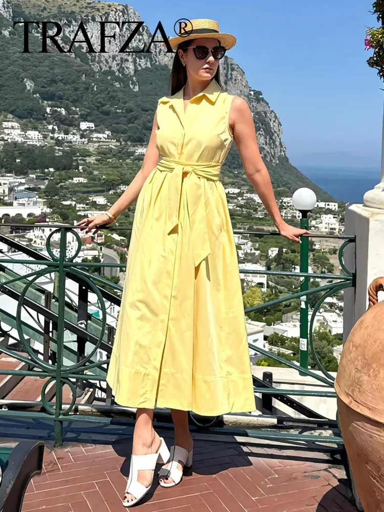 

TRAFZA Female Summer Elegant Shirt Style Midi Dress Sleeveless Single-breasted Pleated Belted Solid Lapel Fashion Dresses
