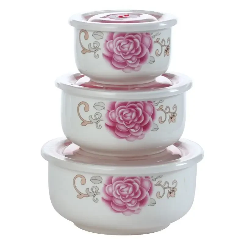 Microwave heating bowl set Ceramic bowl with lid large fresh-keeping bowl Household sealed box Three-piece set with rice