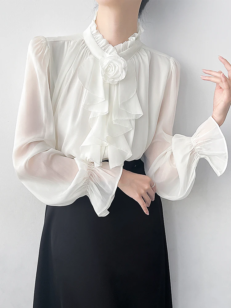 

Корейская шелковая блузка с воротником-стойкой, кружевной отделкой и 3D-цветами, женская, с длинным рукавом, во французском стиле
