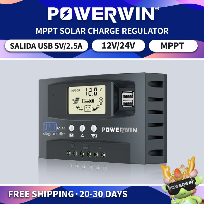 

POWERWIN 30A/50A Solar Controller Auto Micro MPPT MT01 12/24V Solar Power Voltage Dual USB LCD Display For LiFePo4 Battery