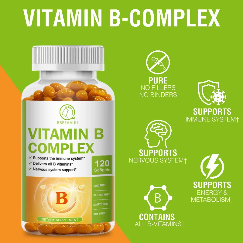 BBEEAAUU Super B Vitamin B Complex Capsules (Vitamin B1, B2, B3, B5, B6, B12, Folic Acid, Biotin, COQ10) Contain all B Vitamins